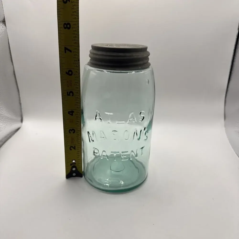 Vintage Atlas Mason’s Patent Nov 30 1858 Aqua Glass Canning Jar w Zinc Lid